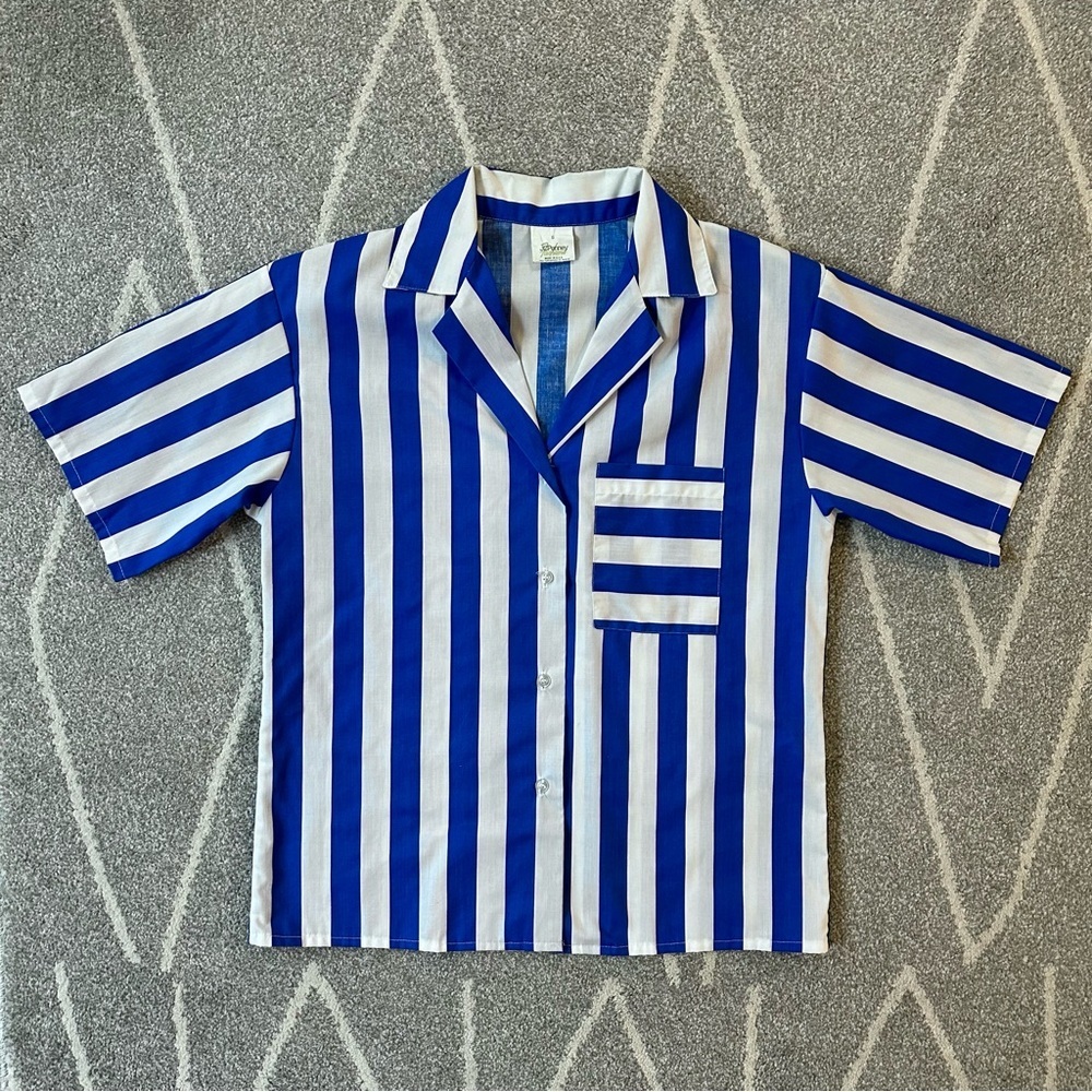 JCPenney Fashions Vintage 70’s Blue & White Striped Short Sleeve Cabana Shirt